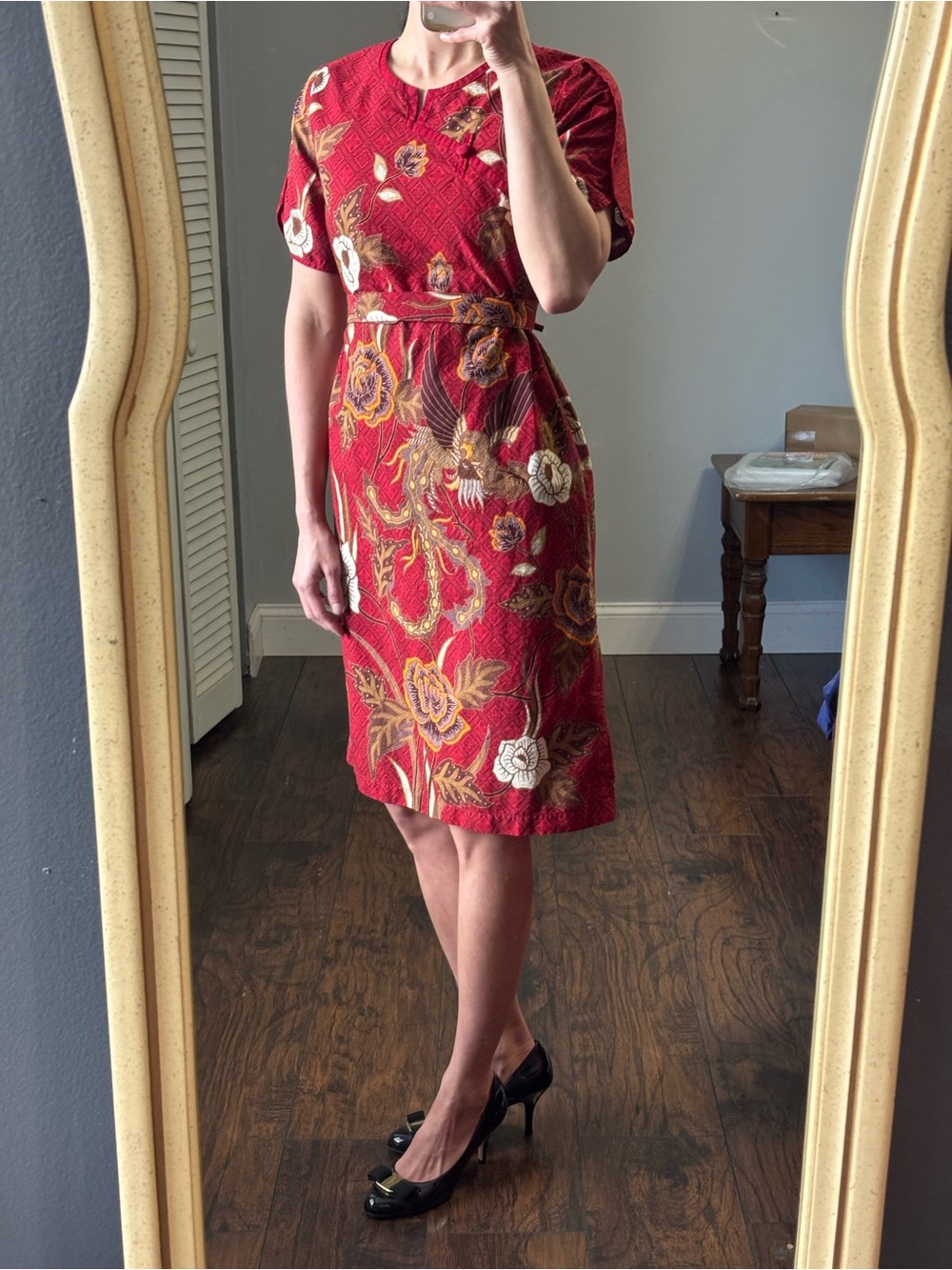 Deep Red Batik Floral Sheath Dress XS - Picture 14 of 16